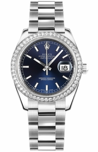 Rolex Datejust 31 Blue Dial Oyster Bracelet White Gold Bezel Watch 178384-0057
