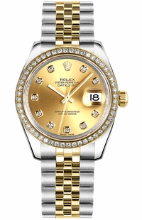 Rolex Datejust 31 Diamond Gold & Steel Champagne Dial Watch 178383-0001