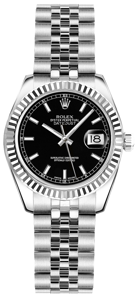179174 Rolex Datejust 18k Black Fluted Bezel Automatic Ladies Watch.