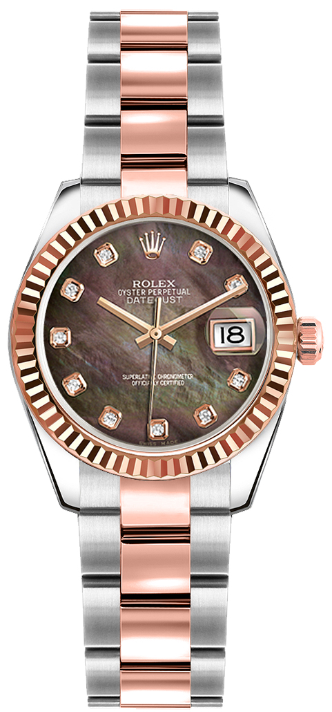 179171 Rolex Ladies Datejust Black Pearl Dial 18K Rose Gold