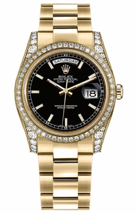 Rolex Day-Date 36 Black Dial Gold Oyster Bracelet Watch 118388-0190
