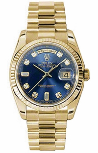Rolex Day-Date 36 Blue Diamond Fluted Solid Gold Watch 118238