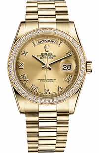 Rolex Day-Date 36 Champagne Roman Numeral Dial Gold Watch 118348-0147