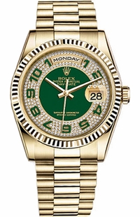 Rolex Day-Date 36 Green Diamond Pave Dial Gold Watch 118238-0237