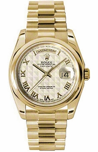 Rolex Day-Date 36 Ivory Roman Numeral Dial Gold Watch 118208