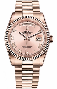 Rolex Day-Date 36 Pink Roman Numeral Dial Gold Watch 118235