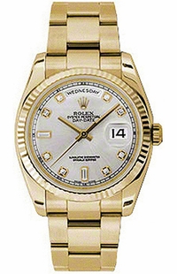 Rolex Day-Date 36 Silver Diamond Dial Fluted Gold Watch 118238-0163