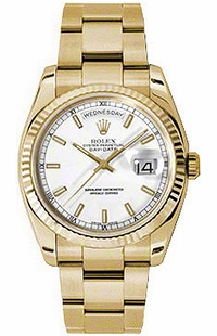 Rolex Day-Date 36 White Dial Fluted Bezel Gold Watch 118238