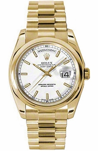 Rolex Day-Date 36 White Dial Gold Domed Bezel Watch 118208-0068