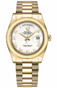 Rolex Day-Date 36 White Roman Numeral Solid Gold Watch 118208-0072