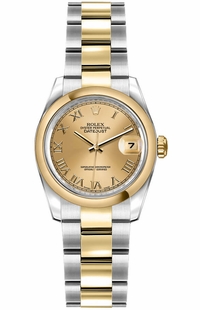 Rolex Lady-Datejust 26 Champagne Roman Numeral Women's Watch 179163