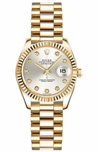 Rolex Lady-Datejust 26 Silver Diamond Dial Gold Watch 179178