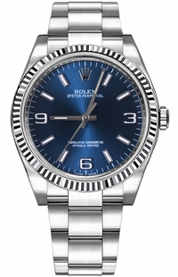 Rolex Oyster Perpetual 36 Blue Dial White Gold Bezel Watch 116034