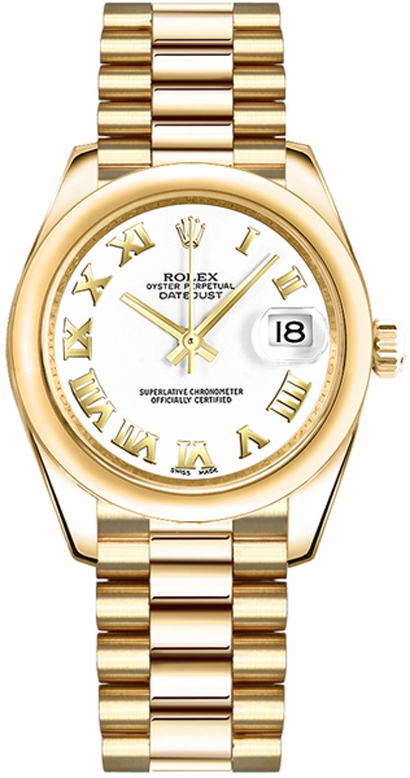 *pre-owned* Rolex Yellow Gold Datejust 31 Watch - Domed Bezel - White Roman Dial - President Bracelet