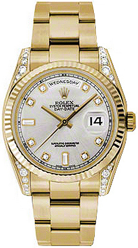 118338 Rolex Day Date Gold Watch Silver Diamond Dial Automatic