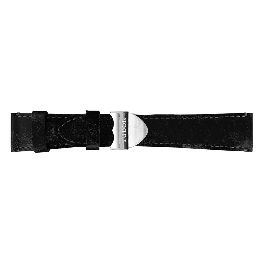 T0002 Tudor Aged Black Leather Strap with Deployment Buckle