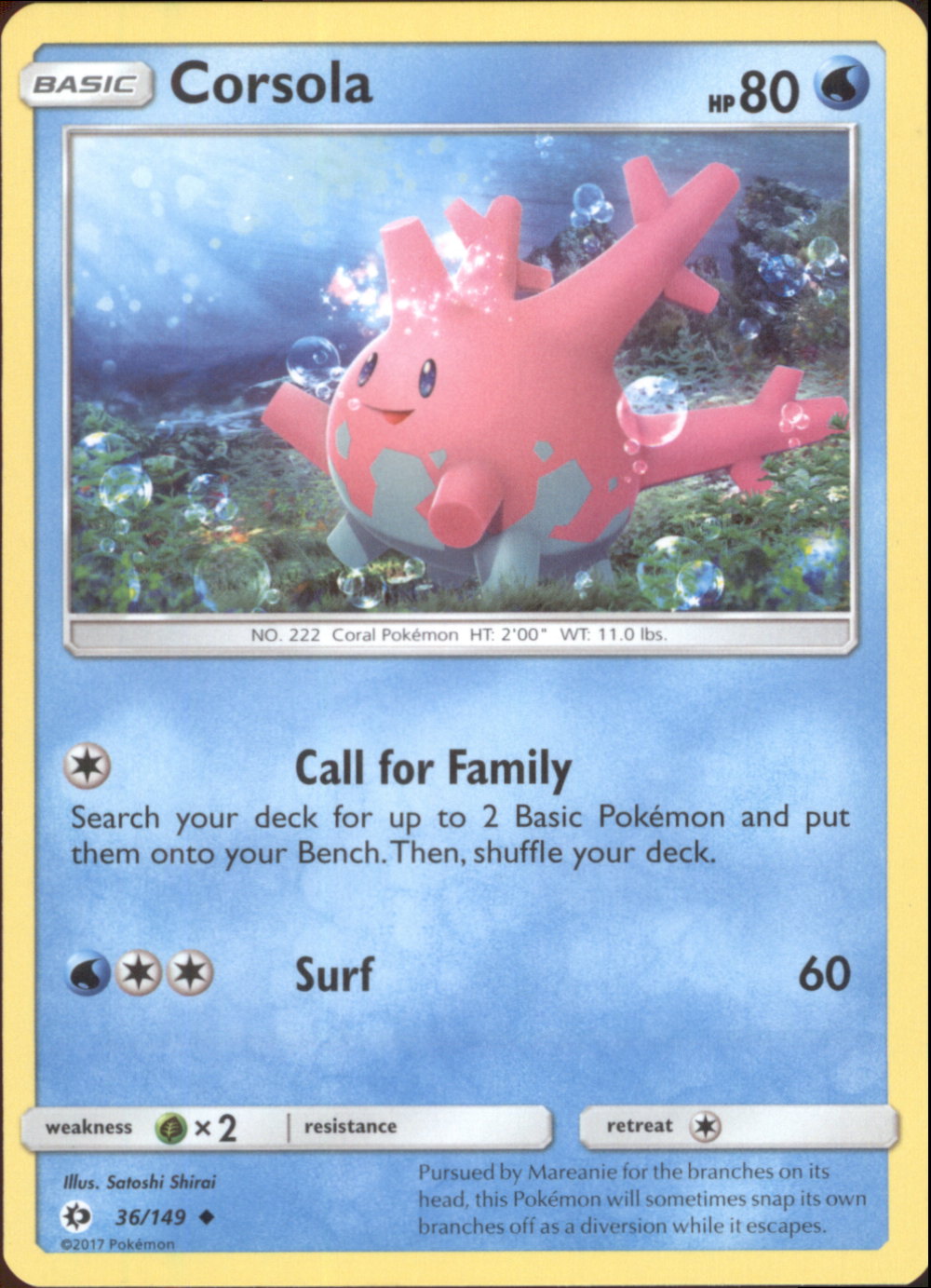 CORSOLA Pokemon Sun & Moon Base Set Uncommon Card # 36 CORSOLA Pokemon Sun & Moon Base Set Uncommon Card # 36