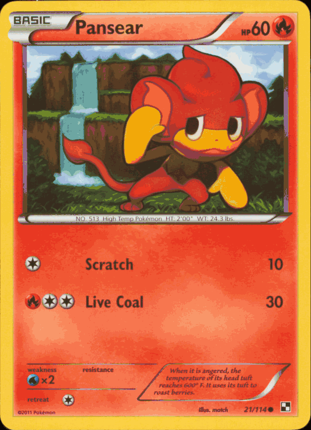 pokemon card pansear XY - 22/146 Colorless Bite (20) Weakness Water 2 Resistance None None Retreat Cost Pansear AR 099/086 SV11W White
