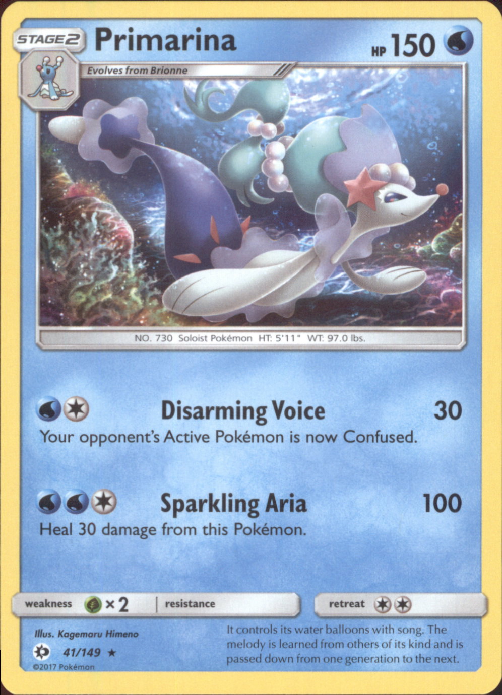 PRIMARINA Pokemon Sun & Moon Base Set Rare Card # 41