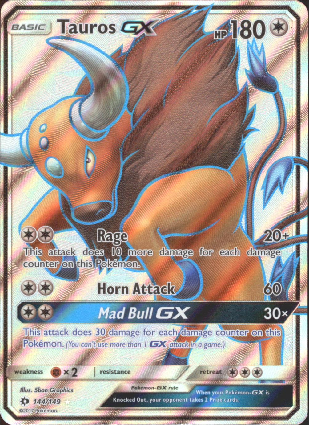 TAUROS-GX Pokemon Sun & Moon Base Set Full Art Ultra Rare Foil Card # 144
