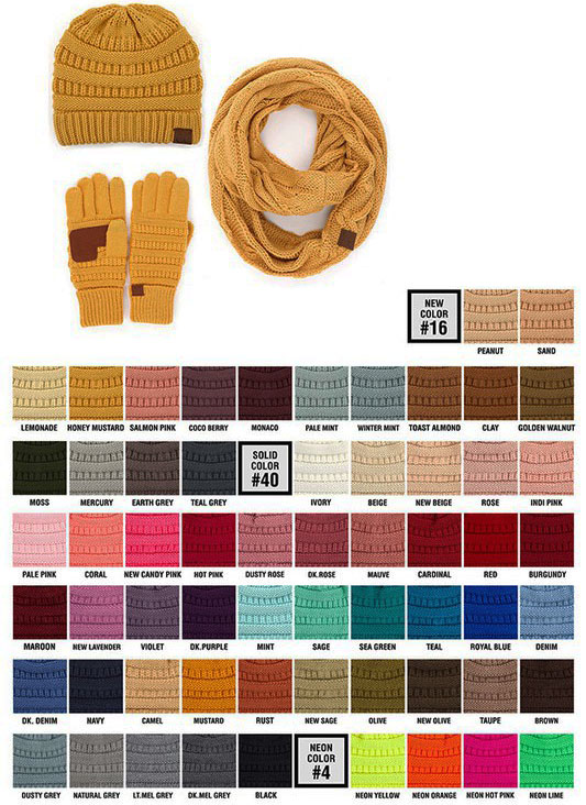 3 Piece CC Solid Color Hat, Gloves and Scarf Set