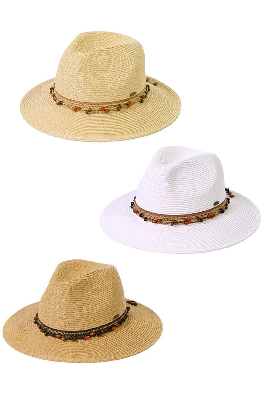 C.C Natural Wooden Beaded Trim Panama Hat