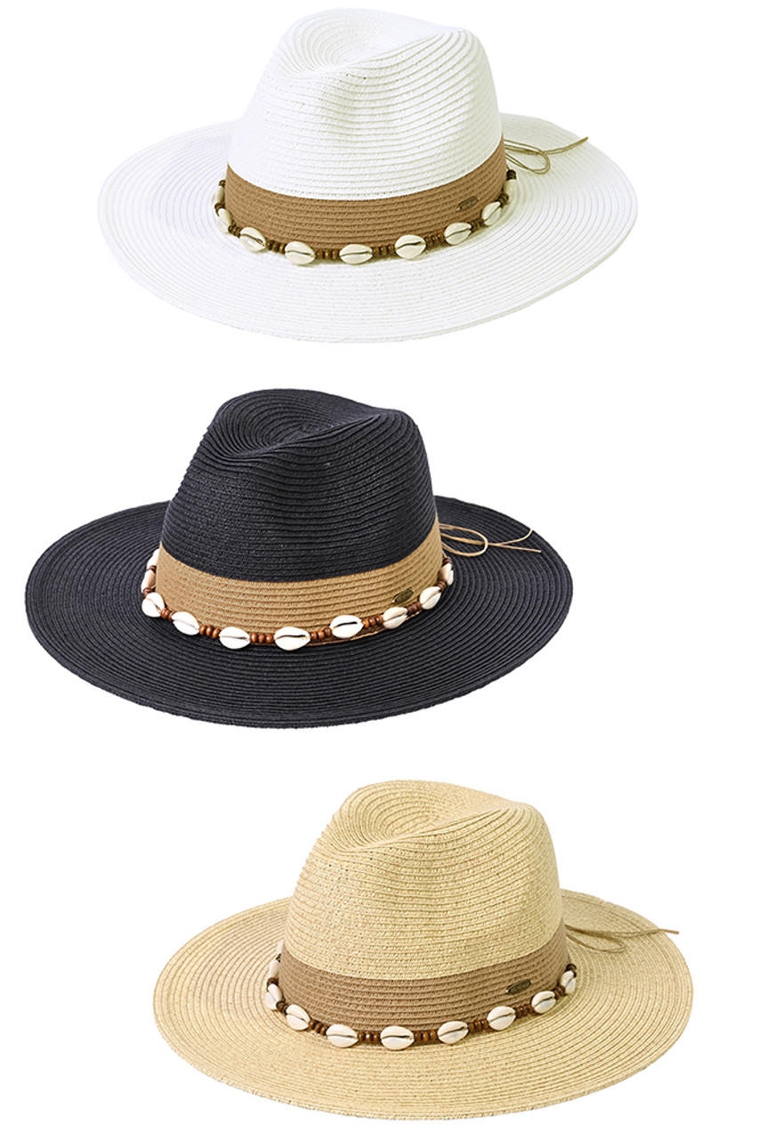 C.C Shell and Wood Bead Trim Two Tone Panama Hat