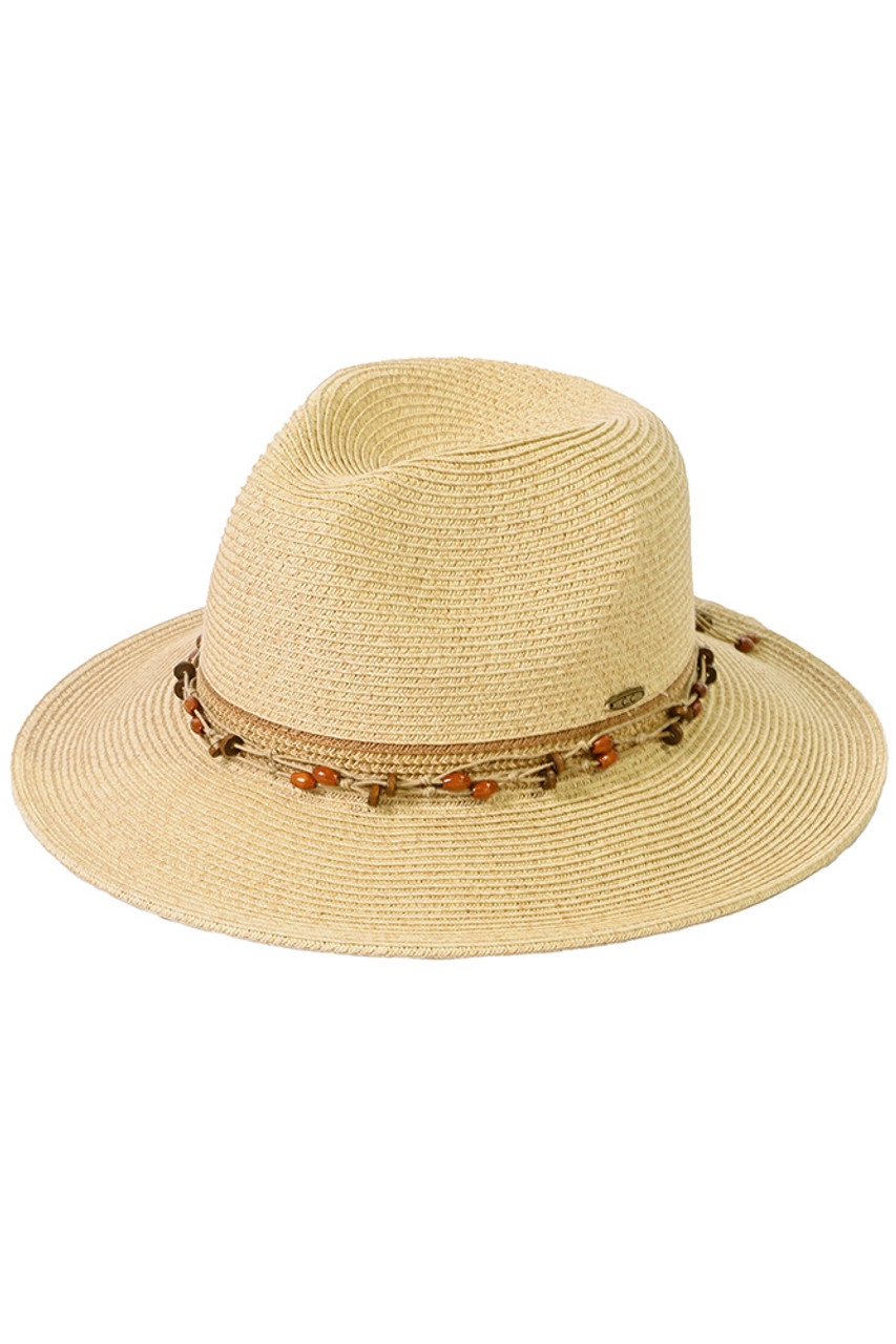C.C Natural Wooden Beaded Trim Panama Hat