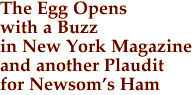 The Egg Opens
with a Buzz
in New York Magazine
and another Plaudit
for Newsom's Ham