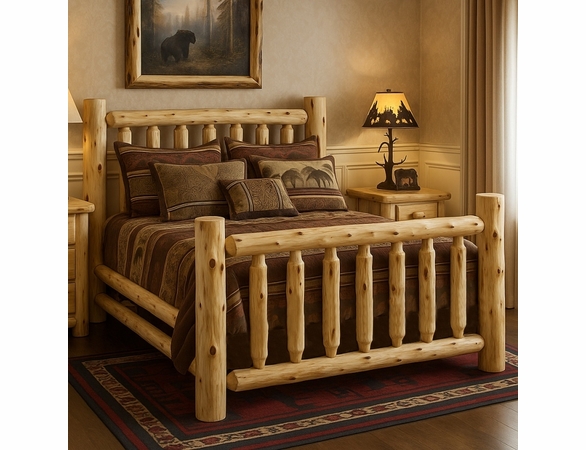 Hand Peeled Rustic Log Style Bed with Double Side Rails