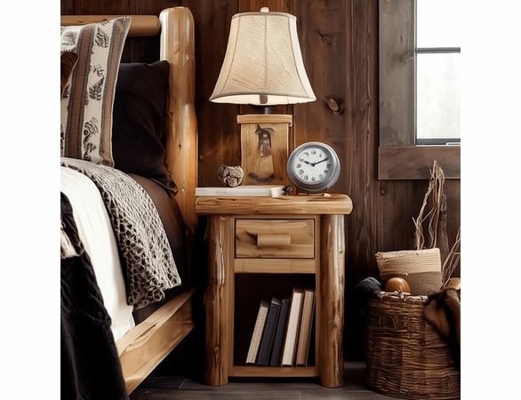 Hand Peeled Rustic Log Style Night Stand with Drawer