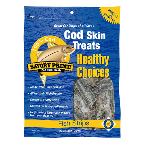 Savory Prime Cod Skin Dog Treats Fish Strips 4oz