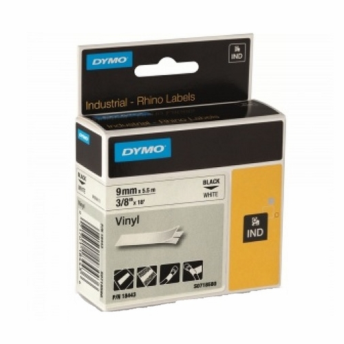 Dymo 18443 3/8 Inch White Vinyl With Black Text -9Mm 18 Foot Long 1 Roll