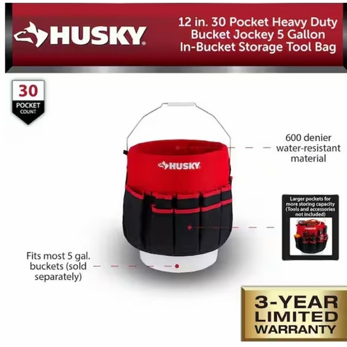 Husky 12 In. Bucket Jockey  30 Pocket Heavy Diuty Storage Tool Bag Only Red 4049