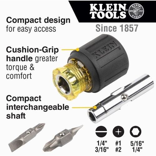KLEIN 32561 Stubby Multi-Bit Screwdriver/Nut Driver , 6-in-1, Ph, Sl Bits 32561-8 NEW