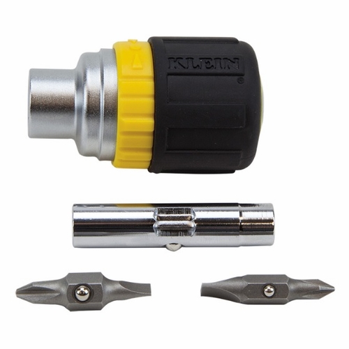 KLEIN 32593 Multi-Bit Ratcheting Screwdriver, 6-in-1, Stubby, Ph, Sl, Nut Bits 092644325939 NEW