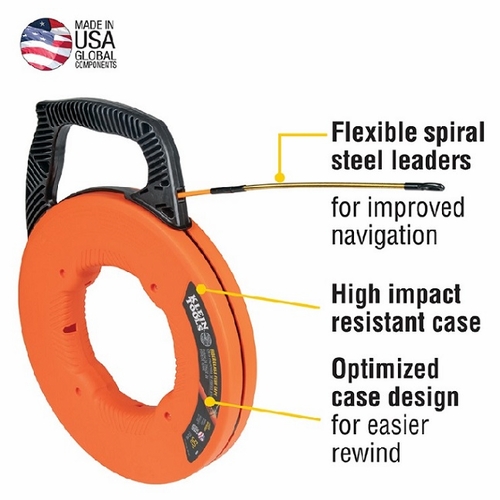 KLEIN 56350 Fiberglass Fish Tape with Spiral Steel Leader, 50-Foot 092644563508 NEW