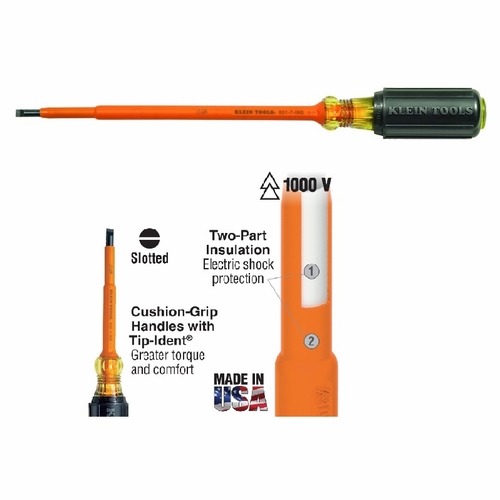 Klein 601-7-Ins  7 Inch  Round-Shank Screwdriver, 3/16 Inch  Cabinet Tip, Insulated 85329-6 New
