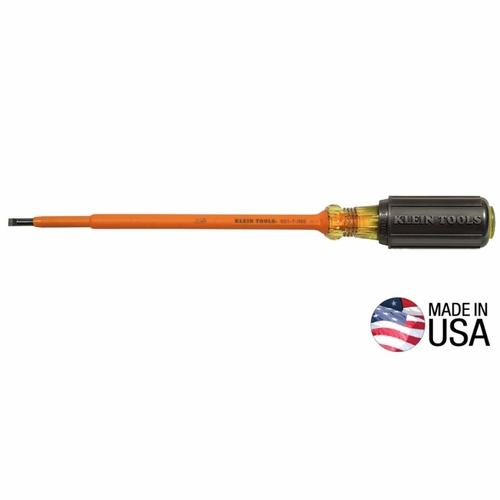 KLEIN 601-7-INS 7 inch Round-Shank Screwdriver, 3/16 inch Cabinet Tip, Insulated 85329-6 NEW