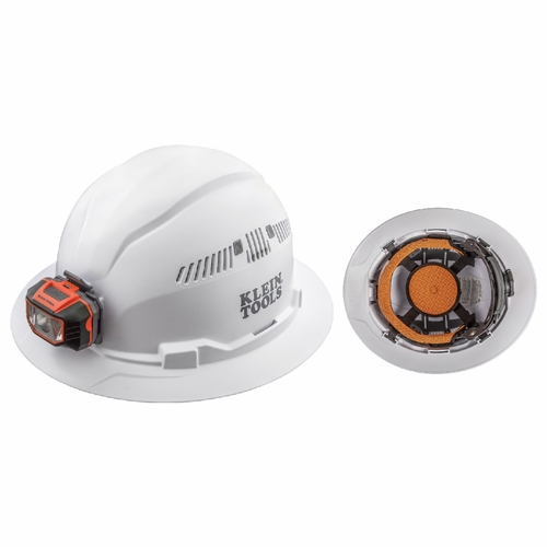 Klein 60407 Hard Hat, Vented, Full Brim With Headlamp, White 092644600845 New