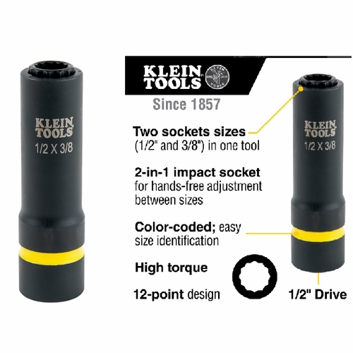 Klein 66011 2-In-1 Impact Socket, 12-Point, 1/2 And 3/8-Inch 092644650536 New