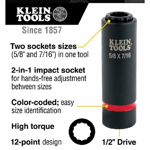 KLEIN 66012 2-in-1 Impact Socket, 12-Point, 5/8 and 7/16-Inch 092644382062 NEW
