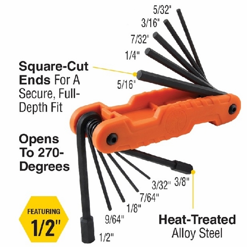 KLEIN 70550 Pro Folding Hex Key Set, 11-Key, SAE Sizes 092644332845 NEW