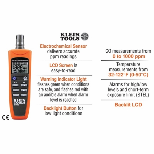 KLEIN ET110 Carbon Monoxide Detector with Carry Pouch and Batteries 0-9264469065-5