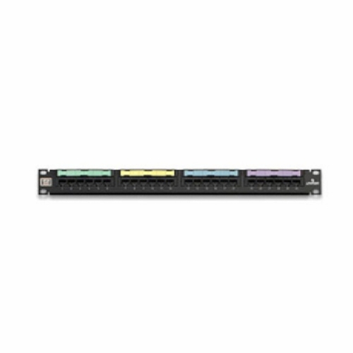 LEVITON 5G596-U24 Cat 5e Flat Patch Panel, 24-Port, 1RU, Black. Cable Mgmt bar incl. 078477178485