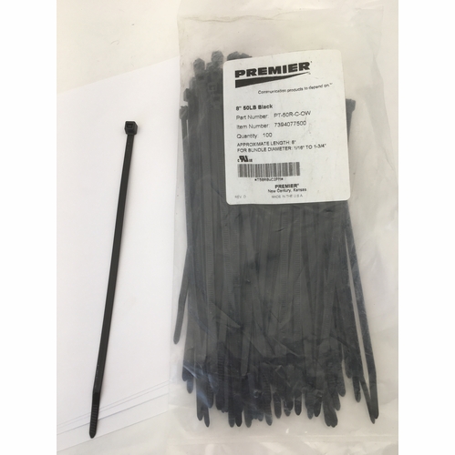 PREMIER 8 INCH BLACK TIE WRAP PT-50R-C-0W CASE OF 1000