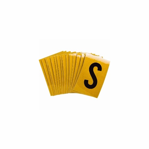 S  Reflective Letter, 1 Inch X1.5 Inch  Black On Yellow Pack Of 25