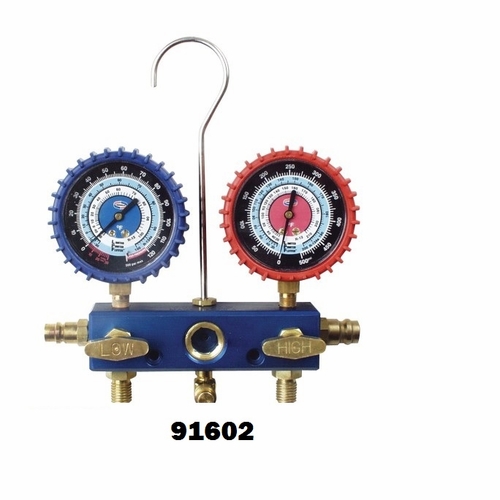 UNIWELD 91602 2-V ALUMINUM R134a/R12 AUTO MANIFOLD, 3 1/8 inch NPF GAUGES, 60 IN. HOSES & AUTOMATIC