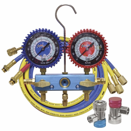UNIWELD 91653 2-V ALUMINUM R134a/R12 AUTO MANIFOLD, 3 1/8 inch  NPF  GAUGES, 72 IN. HOSES & MANUAL C