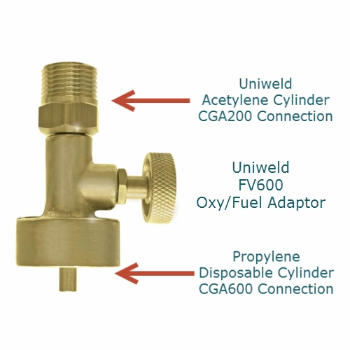 UNIWELD FV600 FUEL VALVE ADAPTER, DISPOSABLE CYLINDER (CGA600) TO  inch MC inch  ACETYLENE REG (CGA2